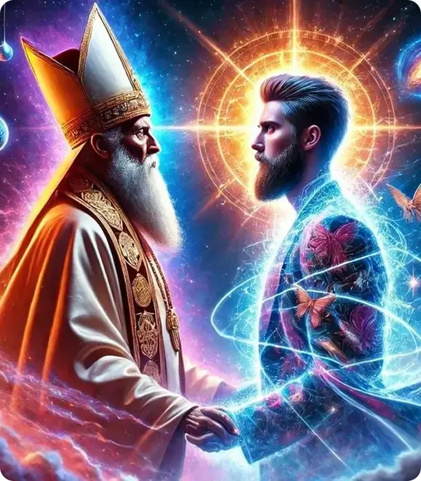 A painting of two men shaking hands in front of each other.